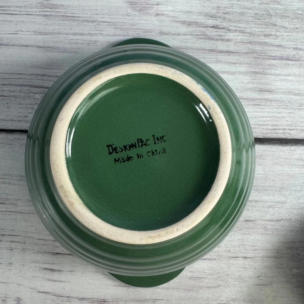 VTG DesignPac Inc Mixing Bowl Small Green Ribbed Stoneware Farmhouse Decor EUC